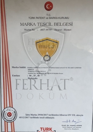 Ferhat Döküm Trademark Registration Certificate