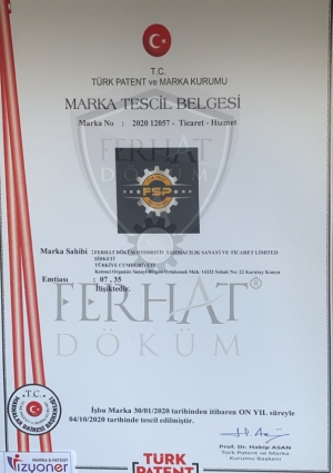 FSP - Ferhat Spare Parts Turkey Trademark Registration Certificate